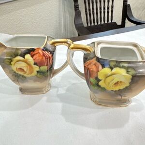Vintage Noritake   Floral Cream and Sugar Set with Yellow and Orange Roses